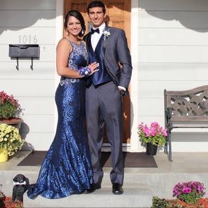 Blue lace, sequin, rhinestone prom dress.